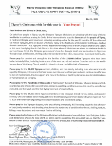 L'augurio di Natale del Tigray per quest'anno è: la tua preghiera! Consiglio Inter-Religioso della Diaspora del Tigray (TDIRC)