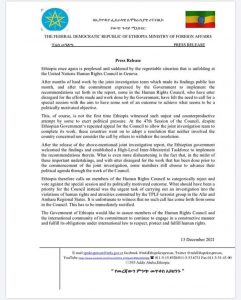 Governo Etiope ripsonde alla richiesta sessione ONU Diritti Umani