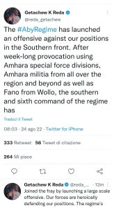 Il tweet del portavoce del Tplf, Getachew Reda, attraverso il quale denuncia l'attacco di questa mattina sul fronte meridionale.