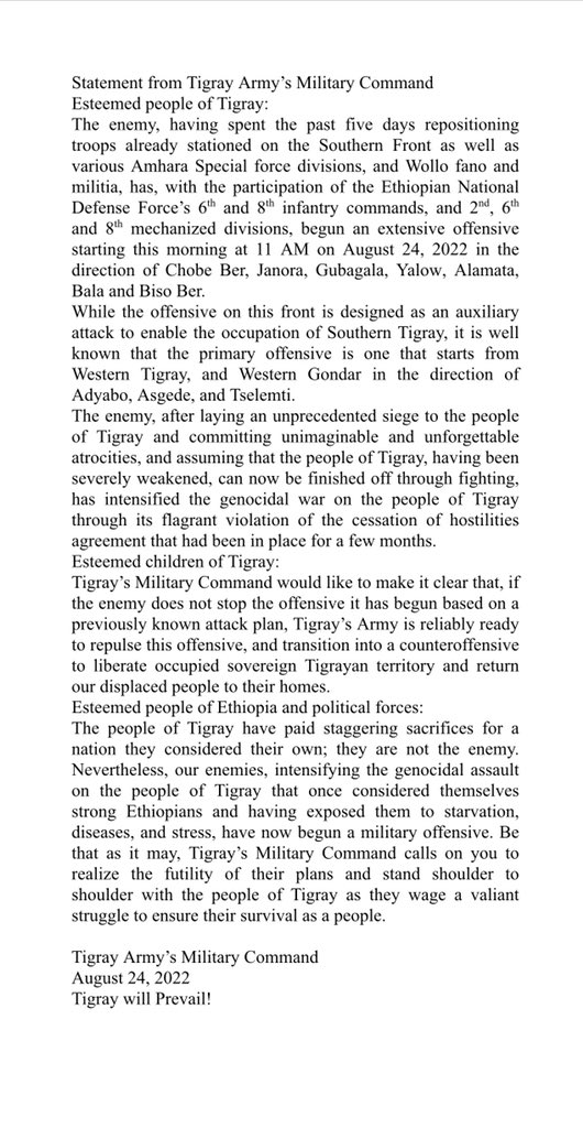 Il comunicato del Comando centrale del Tigray