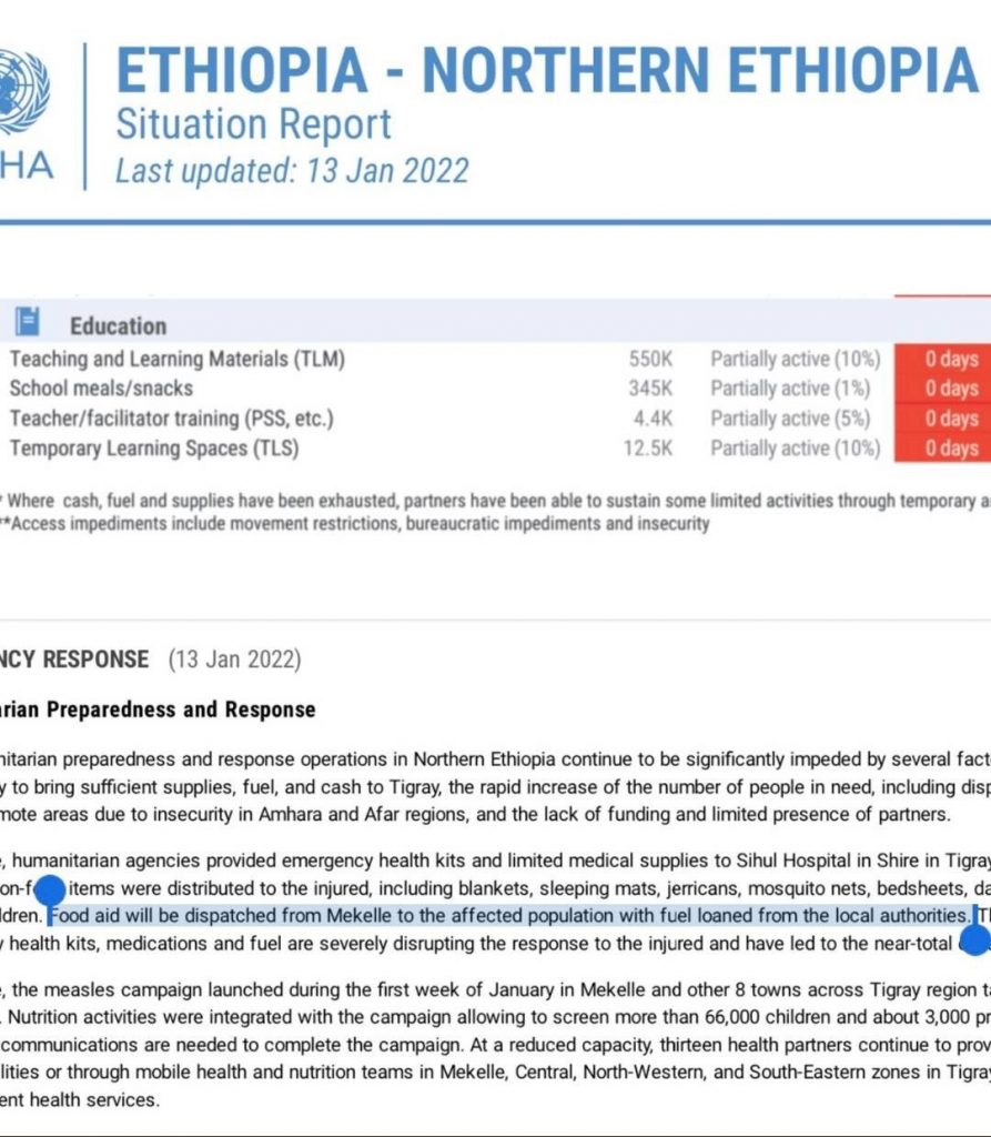 Report UNOCHA - prestito carburante dal governo del Tigray