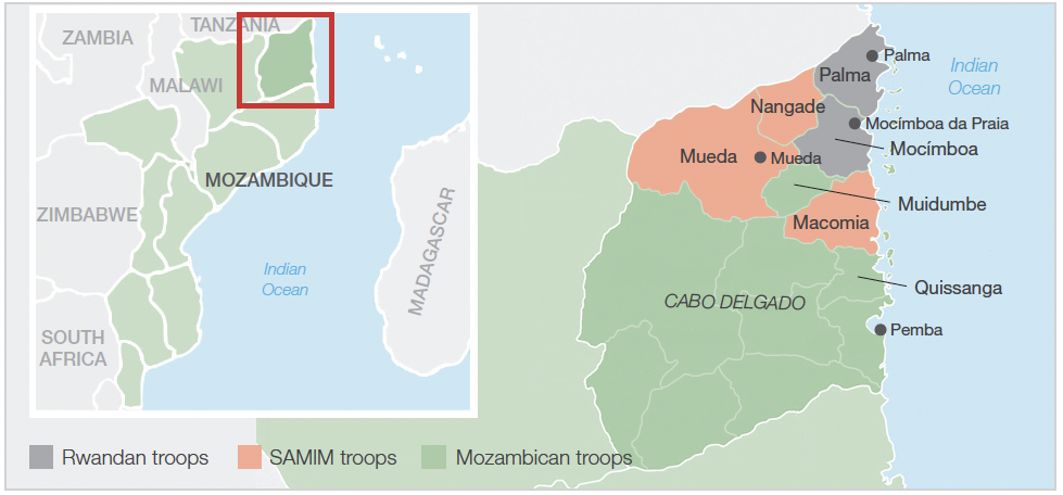 Divisione territoriale delle truppe della SAMIM, del Rwanda e del Mozambico nella regione di Cabo Delgado, marzo 2022. Fonte: ISS.