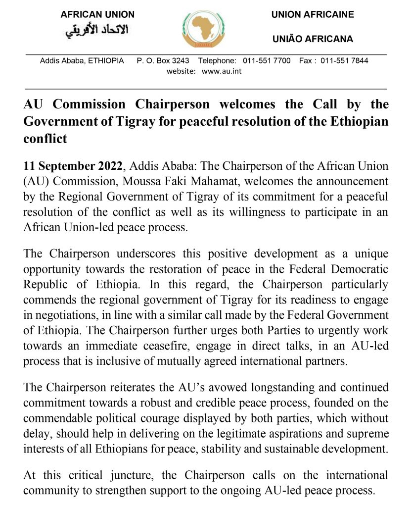 Unione Africana utilizza la denominazione Governo del Tigray