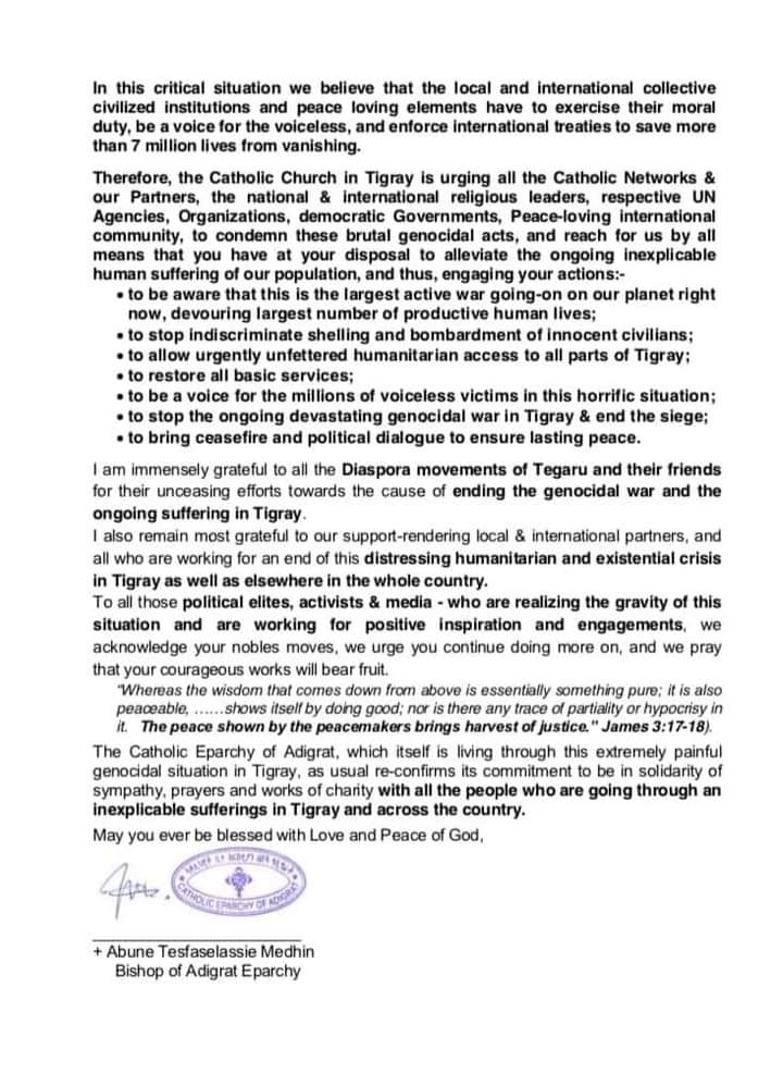 Abune #TesfaselassieMedhin, the Bishop of the #Catholic Eparchy of Adigrat, #Tigray, once again calls for the immediate end to shelling over civil infrastructures, to the siege & blockade of Tigray & peaceful resolution to the #WarOnTigray. #Ethiopia