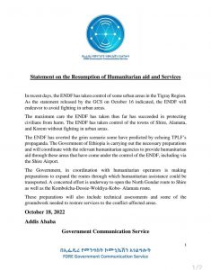 La comunicazione del governo etiope sugli aiuti umanitari diretti in Tigray. FDRE