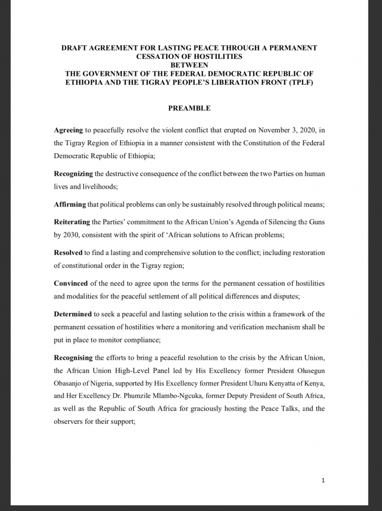 Il testo completo degli accordi firmati tra il governo etiope ed il Tplf per la cessazione delle ostilità nel Tigray