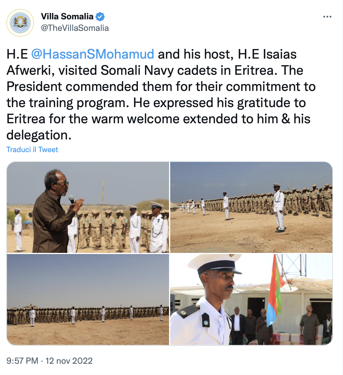 La visita ufficiale del Presidente Hassan Sceicco Mahmoud ai cadetti somali di stanza in Eritrea.