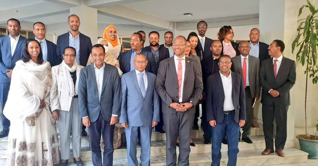 La delegazione del governo etiope a Mekelle, a colloquio con i leader del Tplf. Quinto da sinistra il Presidente del Parlamento etiope Tagesse Chaffo.